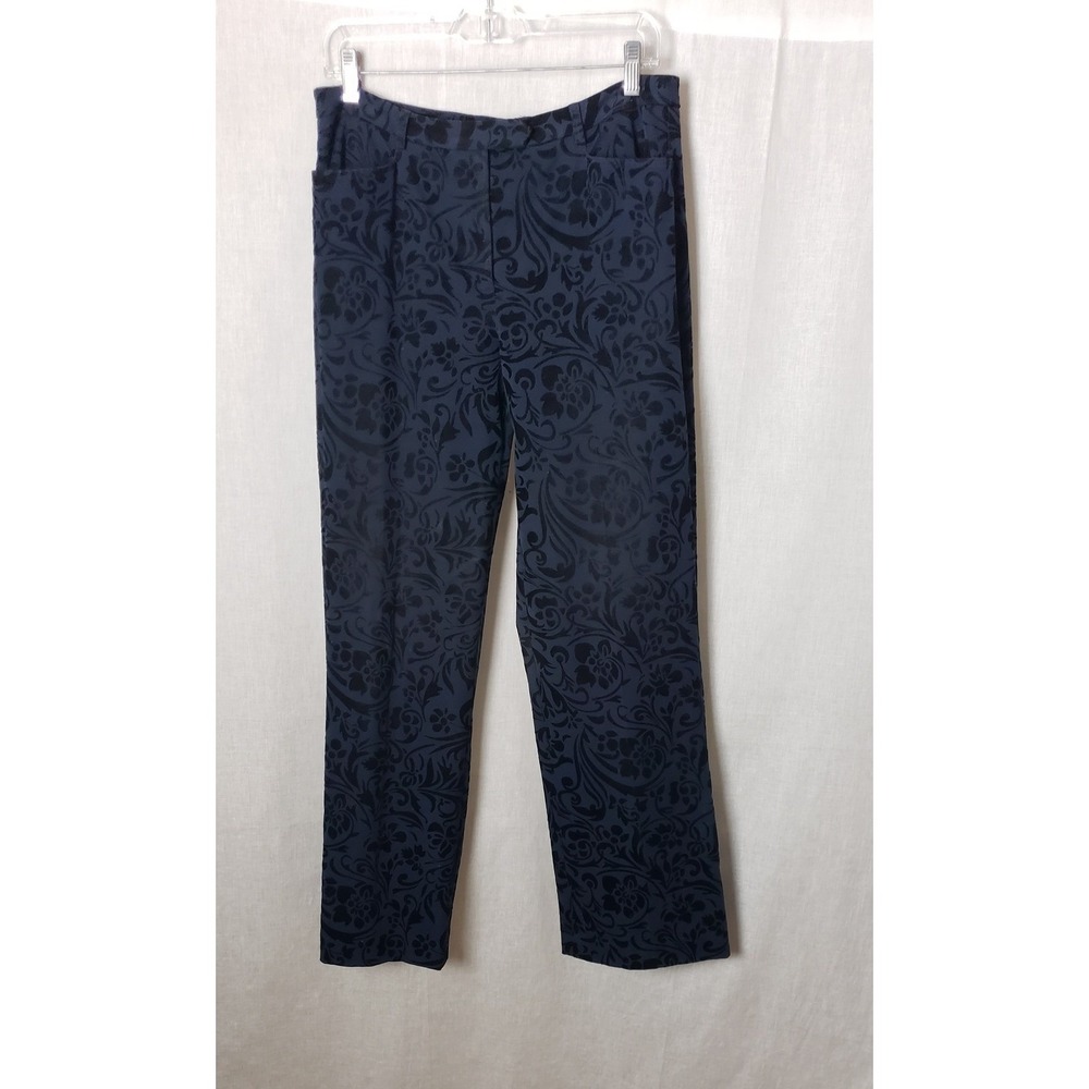 Peck & Peck Weekend Navy Blue Black Floral Velvet Burnout Straight Pants 8 VTG